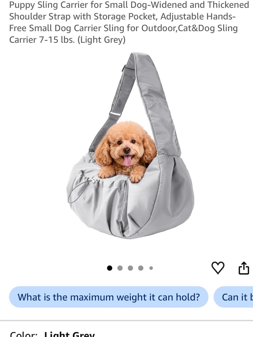 Light Grey Hands-Free Puppy Sling Carrier for Small Dogs